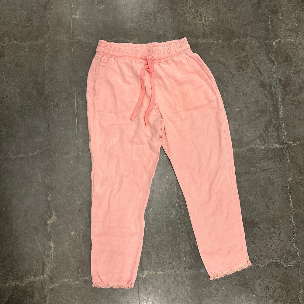 ZARA Linen Blend Elastic Drawstring Waist Frayed Hem Pants Coral Pink Womens L
